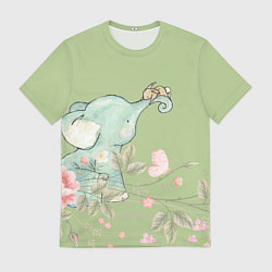 Мужская футболка Слоненок с зайчиком в цветах на зеленом