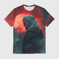 Мужская футболка Ведьмак на фоне красной луны