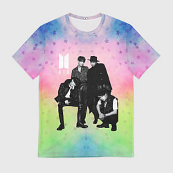 Мужская футболка BTS черно-белый стиль на радужном фоне