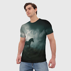 Футболка мужская Лошадь в поле - буря, цвет: 3D-принт — фото 2