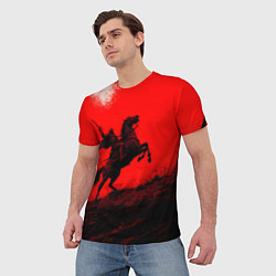 Футболка мужская Всадник на коне - красный фон, цвет: 3D-принт — фото 2