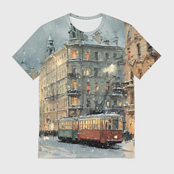 Мужская футболка Трамваи в зимнем Санкт-Петербурге