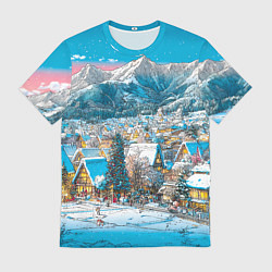 Мужская футболка Новогодняя деревушка в горах