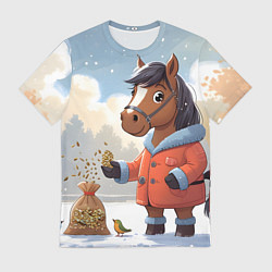 Футболка мужская Лошадка на зимней прогулке, цвет: 3D-принт
