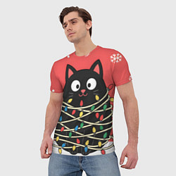 Футболка мужская Котик в гирлянде, цвет: 3D-принт — фото 2