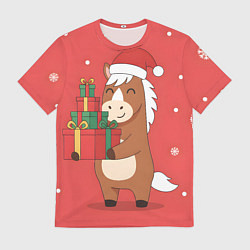 Мужская футболка Новогодняя лошадка с подарками