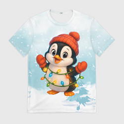 Футболка мужская Пингвинчик в свете зимних огней, цвет: 3D-принт