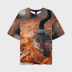 Мужская футболка оверсайз Мяукающий кот осенние листья