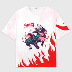 Мужская футболка оверсайз Танджиро и Незуко в огне