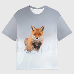 Мужская футболка оверсайз Лисица прыгает по снегу