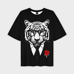 Мужская футболка оверсайз Тигр с красной розой