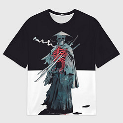 Футболка оверсайз мужская Скелет Самурай с трубкой на черно белом фоне, цвет: 3D-принт