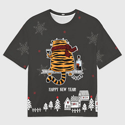 Мужская футболка оверсайз Одинокий тигр пьет винишко