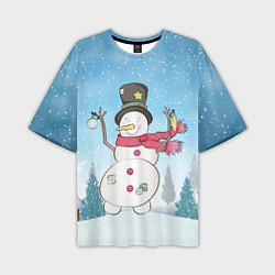 Мужская футболка оверсайз Снеговик в снежном дворике
