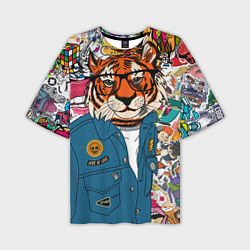 Мужская футболка оверсайз Стикербомбинг с тигром
