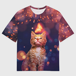 Футболка оверсайз мужская РЫЖИЙ КОТ И БАБОЧКА, цвет: 3D-принт