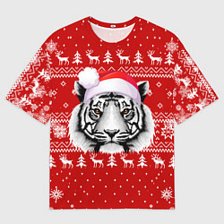 Футболка оверсайз мужская НОВОГОДНИЙ СВИТЕР С БЕЛЫМ ТИГРОМ 2022, цвет: 3D-принт