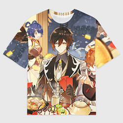 Мужская футболка оверсайз НОВЫЙ ГОД В ГЕНШИН ИМПАКТ, ЗАСТОЛЬЕ