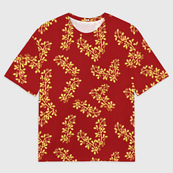 Мужская футболка оверсайз Золотые веточки на ярко красном фоне