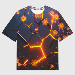 Мужская футболка оверсайз НОВОГОДНИЕ ОГНЕННЫЕ 3D ПЛИТЫ FIRE NEON HEXAGON