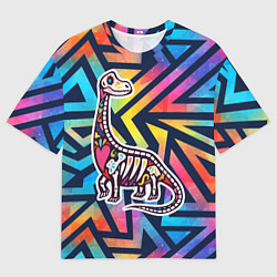 Мужская футболка оверсайз Разноцветный скелет динозавра