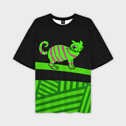 Футболка оверсайз мужская Зеленый полосатый кот, цвет: 3D-принт