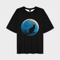 Футболка оверсайз мужская Силуэт кота на фоне синей луны, цвет: 3D-принт