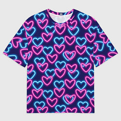 Футболка оверсайз мужская Неоновые сердца, паттерн, цвет: 3D-принт