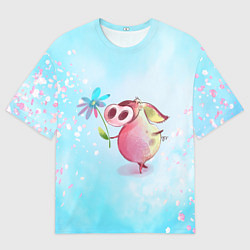 Мужская футболка оверсайз Милый поросенок с цветами