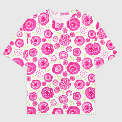 Мужская футболка оверсайз Яркие розовые цветы в дудл стиле, абстракция