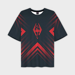 Футболка оверсайз мужская Красный Символ Skyrim на темном фоне со стрелками, цвет: 3D-принт