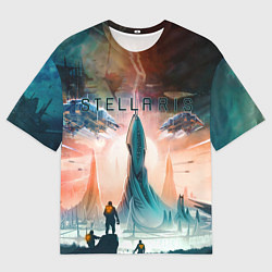 Мужская футболка оверсайз Stellaris космические корабли на фоне башни