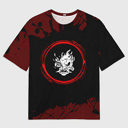 Мужская футболка оверсайз Символ Cyberpunk 2077 и краска вокруг на темном фо