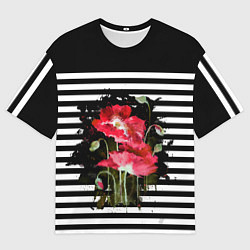 Мужская футболка оверсайз Акварельные красные маки на черно-белом полосатом