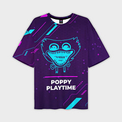 Мужская футболка оверсайз Символ Poppy Playtime в неоновых цветах на темном
