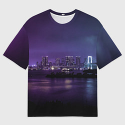Футболка оверсайз мужская Неоновый город с рекой - Фиолетовый, цвет: 3D-принт