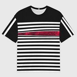 Футболка оверсайз мужская Полосатый современный черно-белый с красной вставк, цвет: 3D-принт