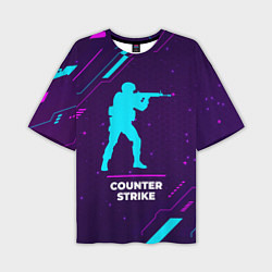Мужская футболка оверсайз Символ Counter Strike в неоновых цветах на темном