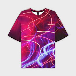 Футболка оверсайз мужская Неоновые линии и фонари - Красный, цвет: 3D-принт