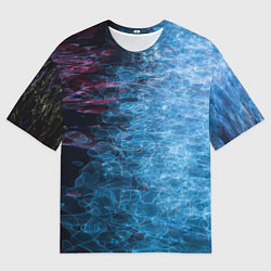 Футболка оверсайз мужская Неоновые волны на воде - Синий, цвет: 3D-принт