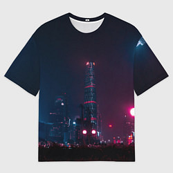 Мужская футболка оверсайз Неоновый ночной город - Тёмно-розовый