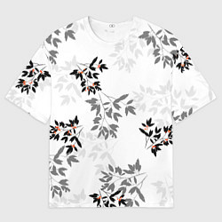 Футболка оверсайз мужская Черные и серые ветки с красными ягодами, паттерн, цвет: 3D-принт