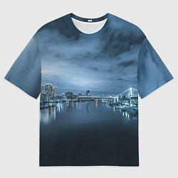 Мужская футболка оверсайз Неоновый город вдалеке и небо - Синий