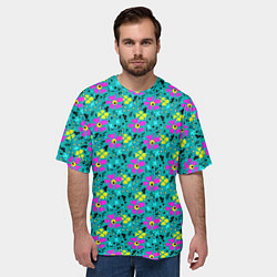 Футболка оверсайз мужская Яркий цветочный узор на бирюзовом фоне, цвет: 3D-принт — фото 2