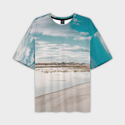 Мужская футболка оверсайз Песочный пляж и водоём - Белый