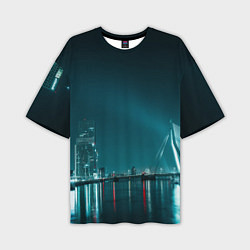 Мужская футболка оверсайз Неоновый мост и город - Светло-синий