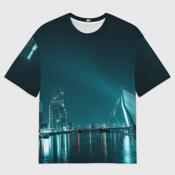Мужская футболка оверсайз Неоновый мост и город - Светло-синий