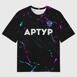 Мужская футболка оверсайз Артур и неоновый герб России: символ сверху