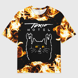 Футболка оверсайз мужская Tokio Hotel рок кот и огонь, цвет: 3D-принт