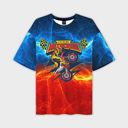 Мужская футболка оверсайз Extreme motocross: мотоциклист на фоне огня